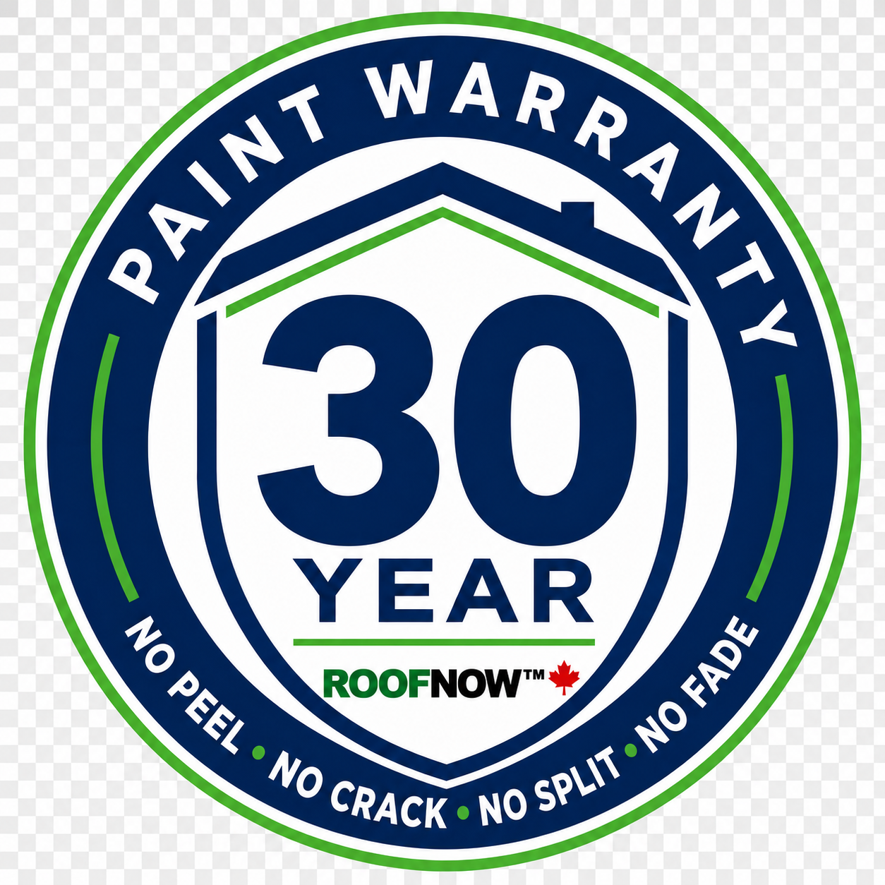 ROOFNOW 30-year paint warranty — no peel, no crack, no split, no fade