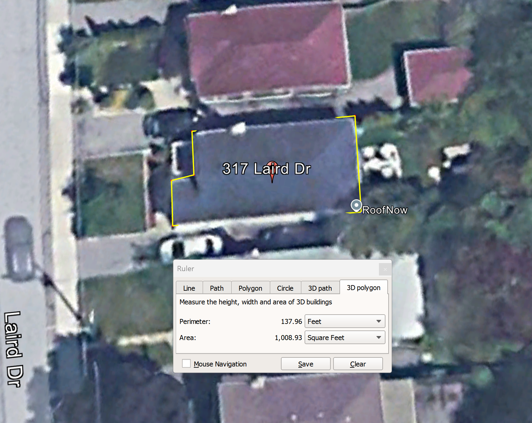 Google Earth satellite roof measurement showing the roof perimeter and square footage